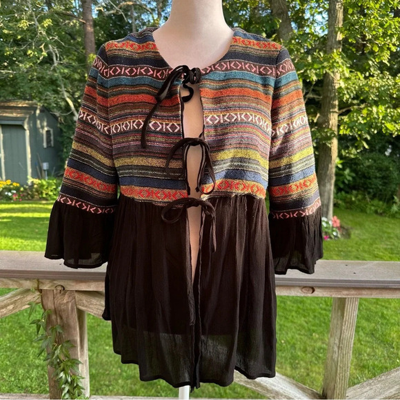 Anthropologie Sweaters - Anthropologie Pleione Boho Tribal Cardigan Jacket Tie Bell Sleeve XS